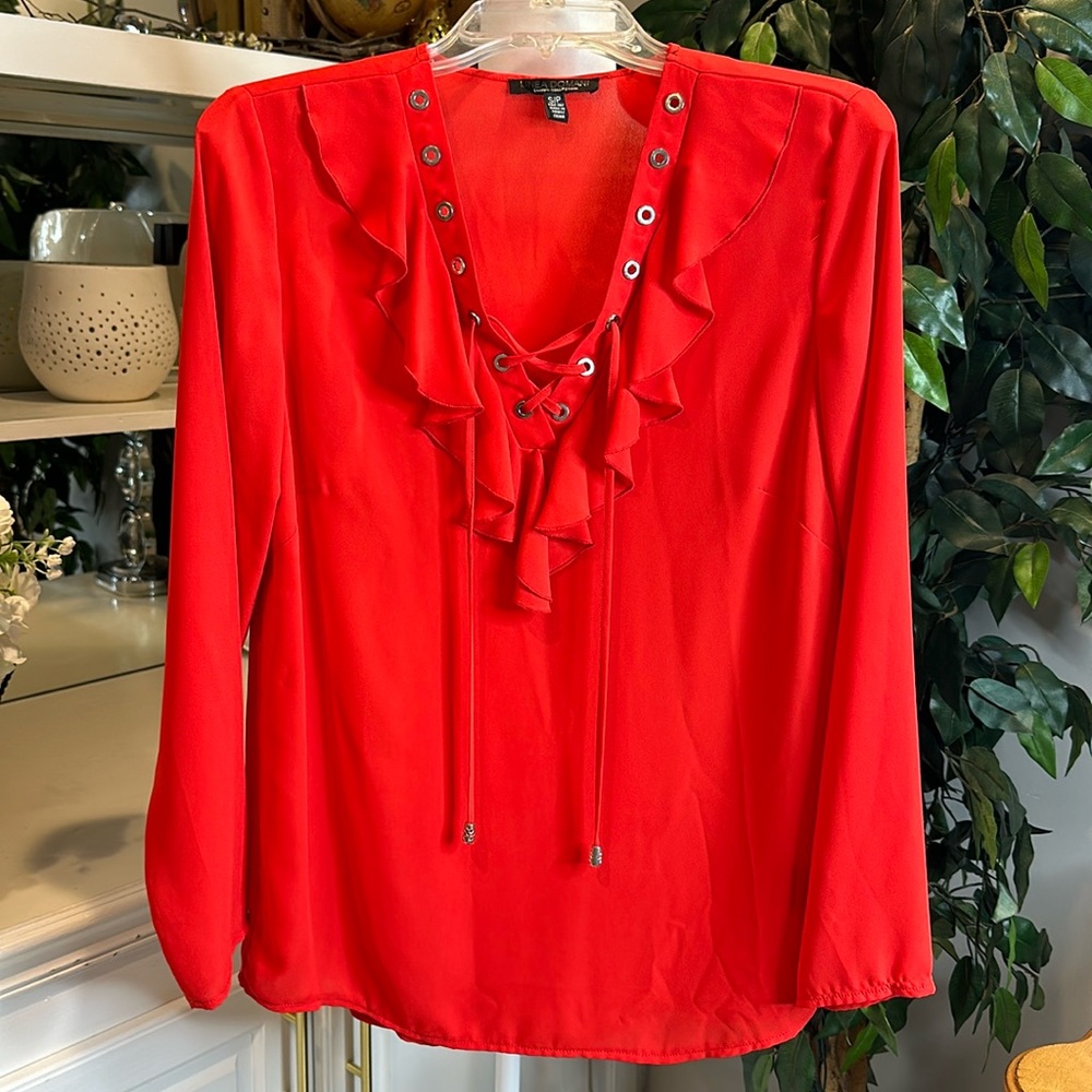 EUC LINEA DOMANI RED LONG SLEEVE BLOUSE with V-NECK & RUFFLES, S/P